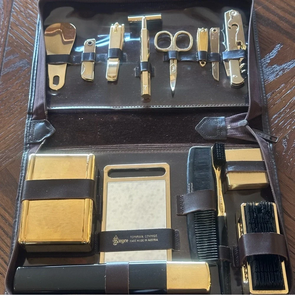 Vintage 1970s Royce Leather Men’s Grooming Kit - Made in Austria Gold Tone Tools - Picture 1 of 17